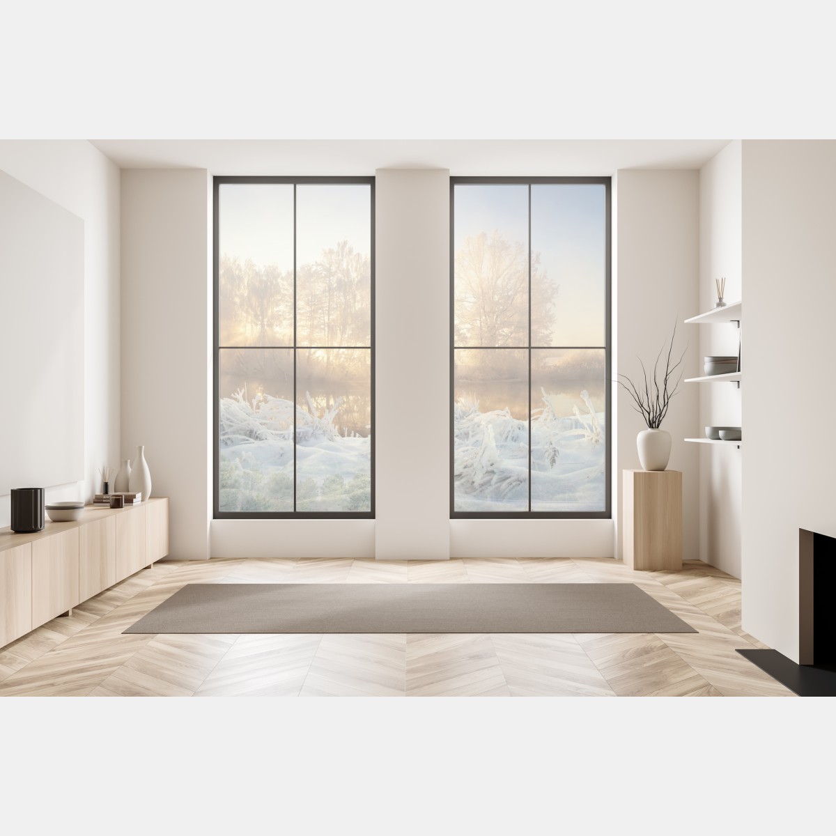 Naklejka na okno złoty zimowy wschód słońca nad mroźną rzeką – Wallissimo® Naklejka na okno złoty zimowy wschód słońca nad mroźną rzeką – Wallissimo®