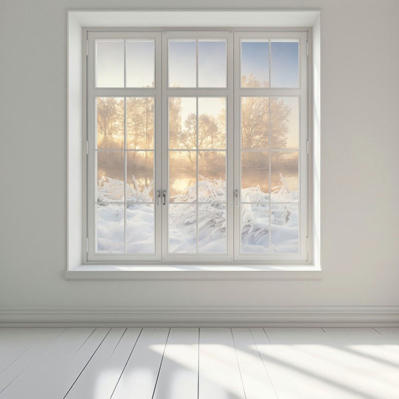 Naklejka na okno złoty zimowy wschód słońca nad mroźną rzeką – Wallissimo® Naklejka na okno złoty zimowy wschód słońca nad mroźną rzeką – Wallissimo®