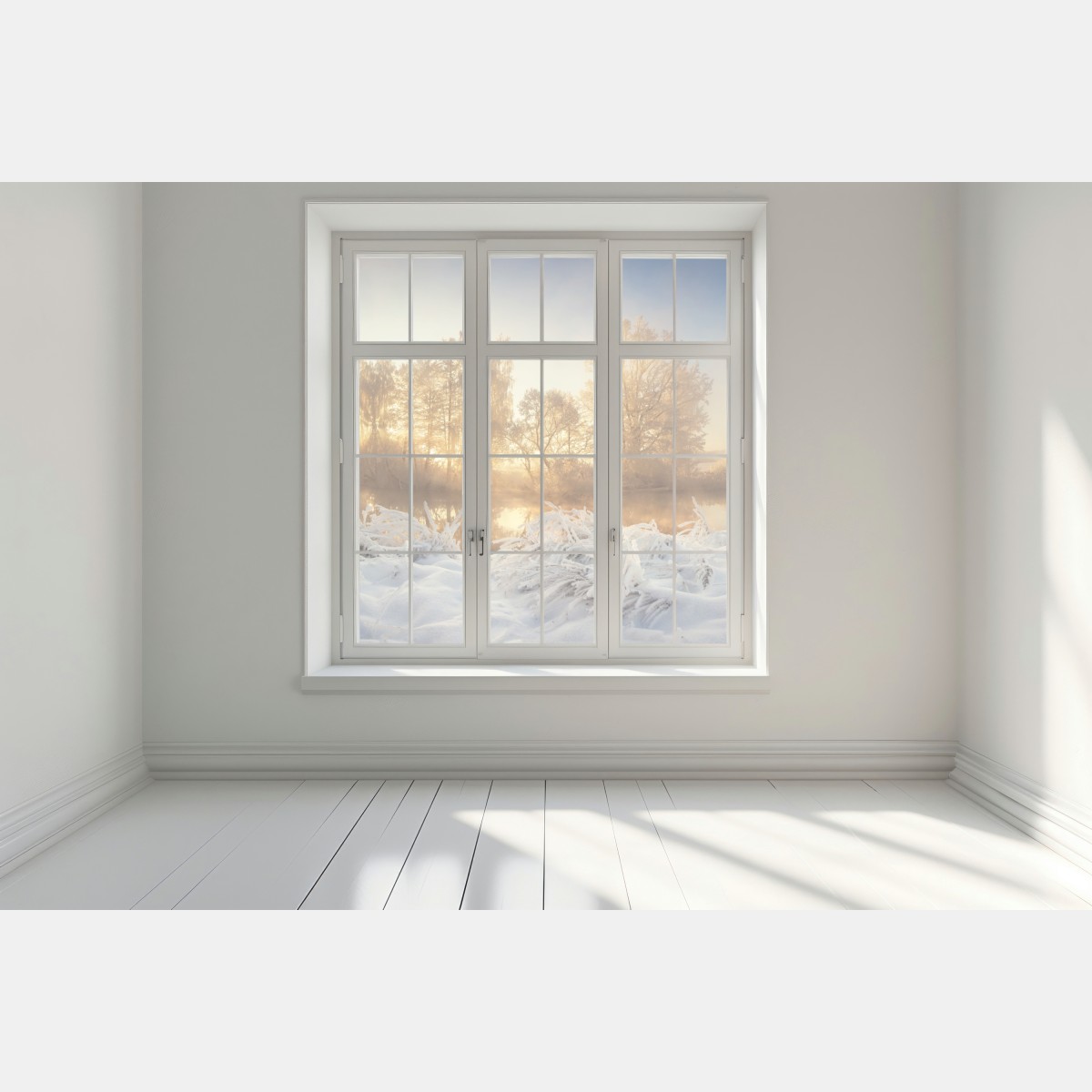 Naklejka na okno złoty zimowy wschód słońca nad mroźną rzeką – Wallissimo® Naklejka na okno złoty zimowy wschód słońca nad mroźną rzeką – Wallissimo®