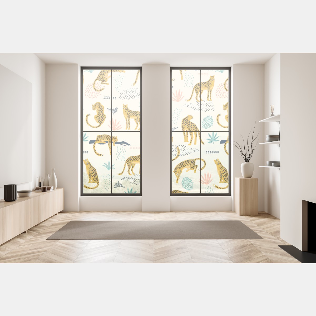 Naklejka na okno wzór z gepardami w pastelowych tonach – Wallissimo® Naklejka na okno wzór z gepardami w pastelowych tonach – Wallissimo®