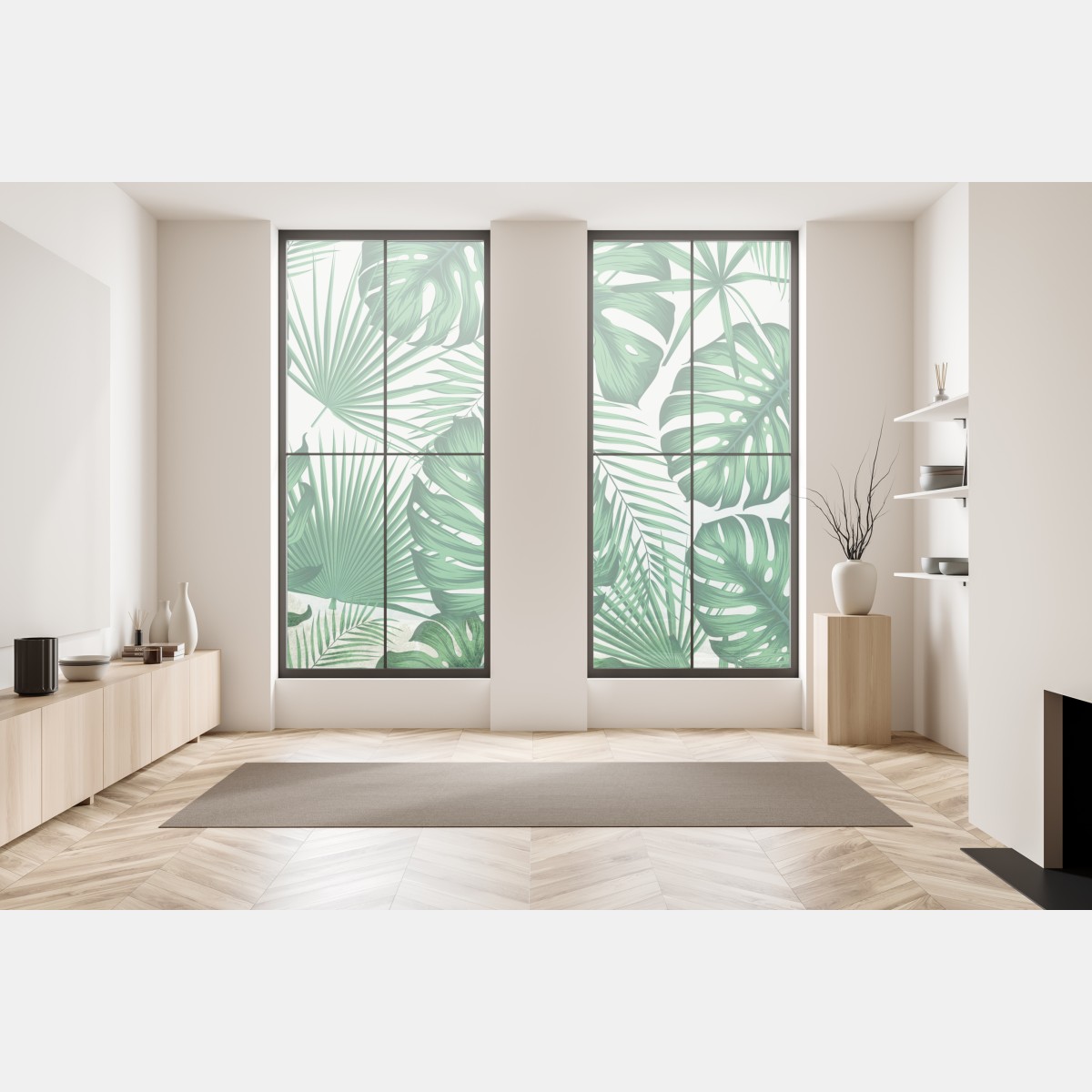 Naklejka na okno tropikalny wzór liści monstery i palm – Wallissimo® Naklejka na okno tropikalny wzór liści monstery i palm – Wallissimo®