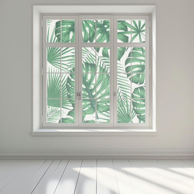 Naklejka na okno tropikalny wzór liści monstery i palm – Wallissimo® Naklejka na okno tropikalny wzór liści monstery i palm – Wallissimo®