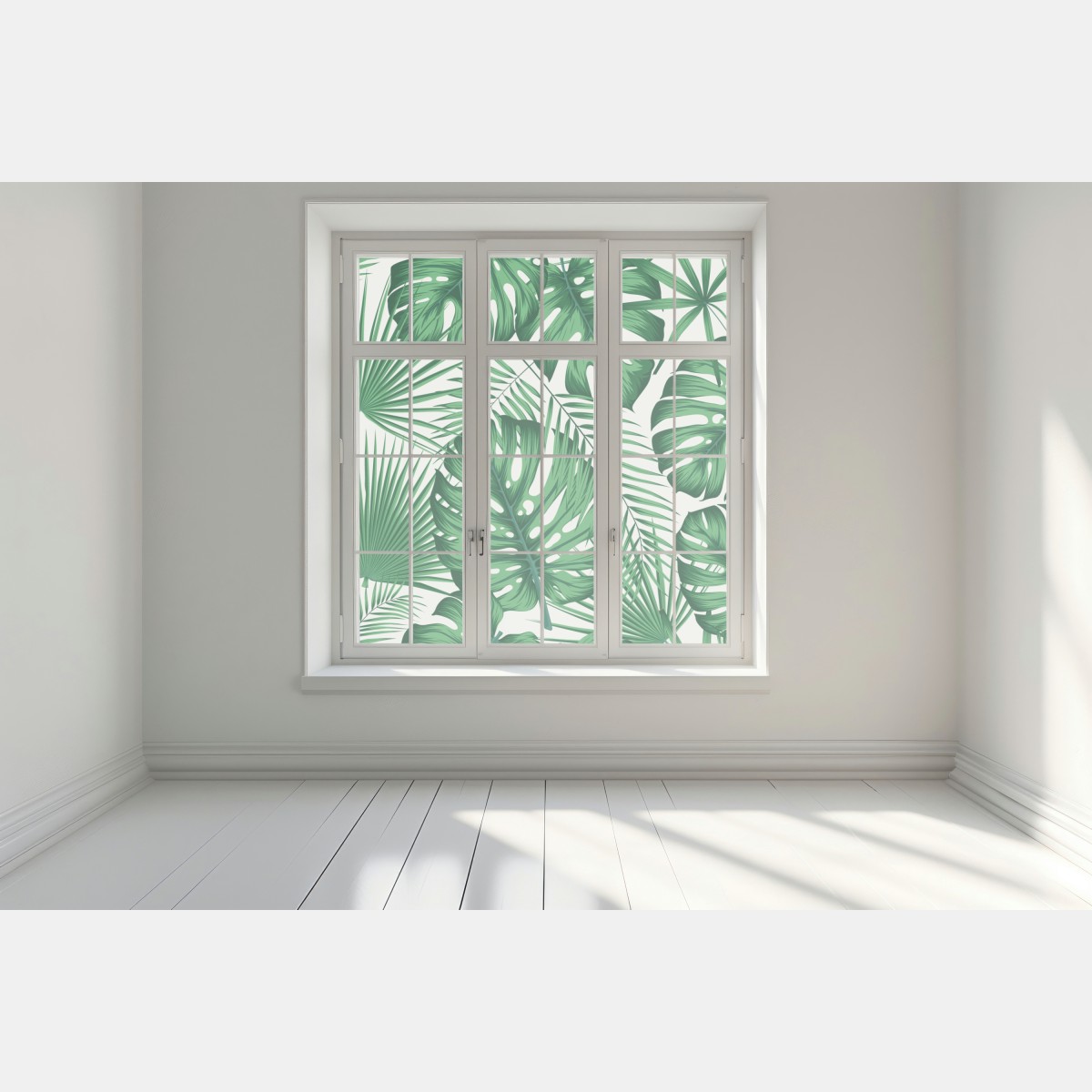 Naklejka na okno tropikalny wzór liści monstery i palm – Wallissimo® Naklejka na okno tropikalny wzór liści monstery i palm – Wallissimo®