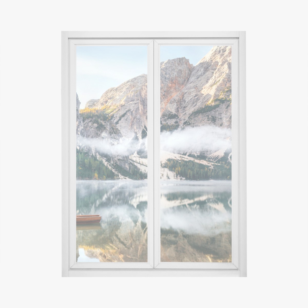 Window decal misty alpine lake reflection