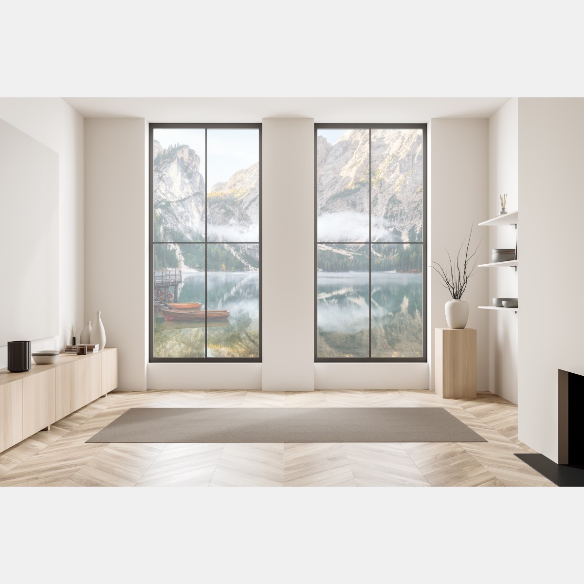 Naklejka na okno mgła nad alpejskim jeziorem – Wallissimo® Naklejka na okno mgła nad alpejskim jeziorem – Wallissimo®