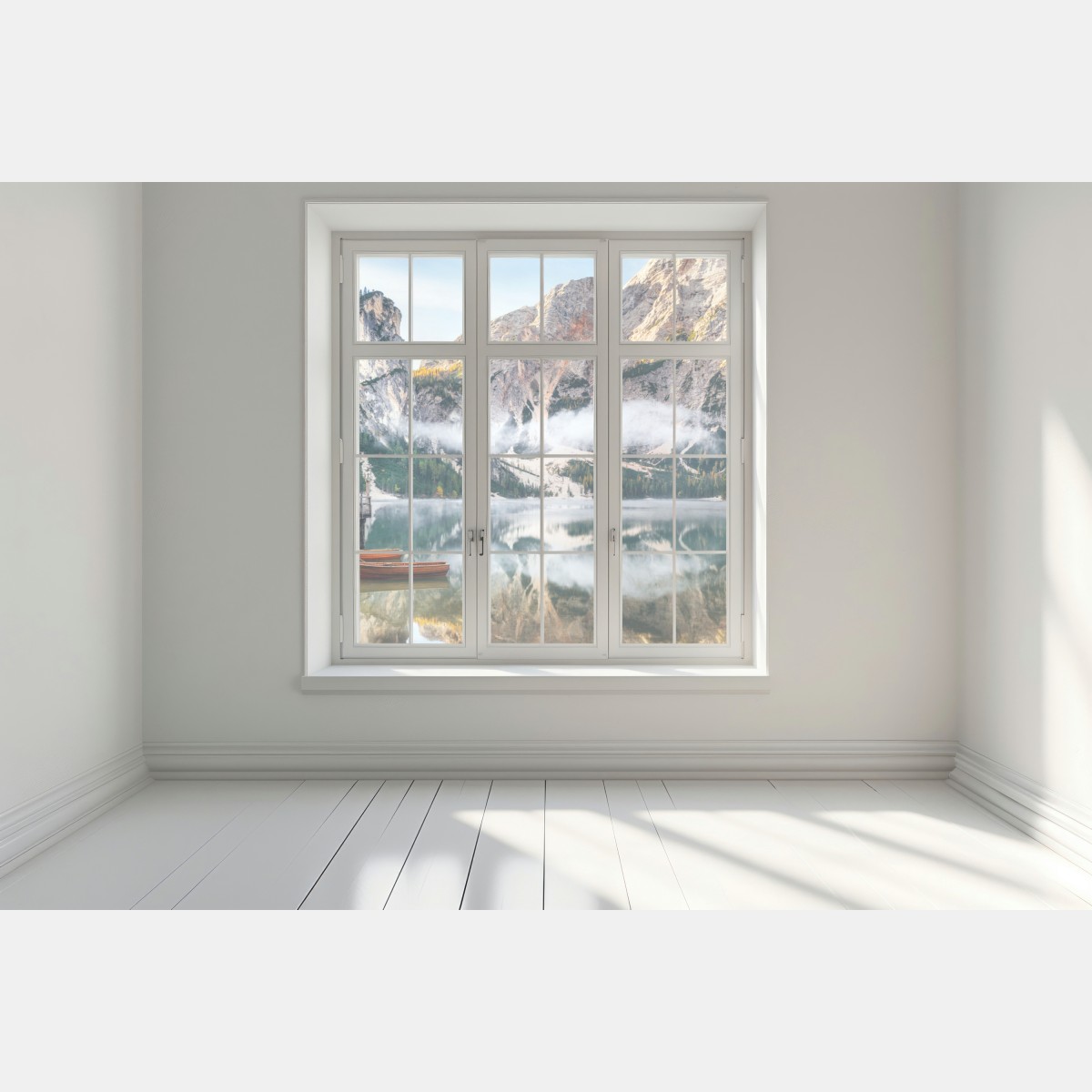 Naklejka na okno mgła nad alpejskim jeziorem – Wallissimo® Naklejka na okno mgła nad alpejskim jeziorem – Wallissimo®