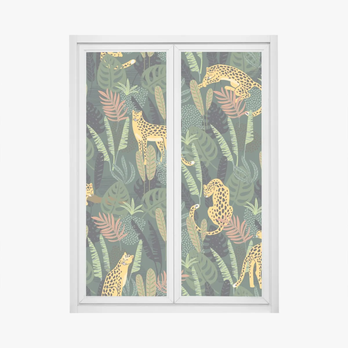 Naklejka na okno tropikalny wzór z lampartami – Wallissimo® Naklejka na okno tropikalny wzór z lampartami – Wallissimo®