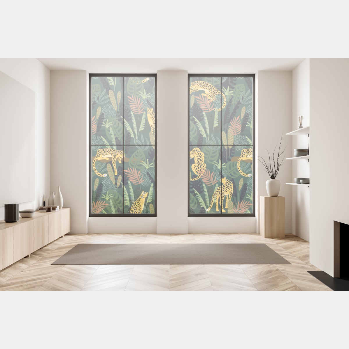 Naklejka na okno tropikalny wzór z lampartami – Wallissimo® Naklejka na okno tropikalny wzór z lampartami – Wallissimo®