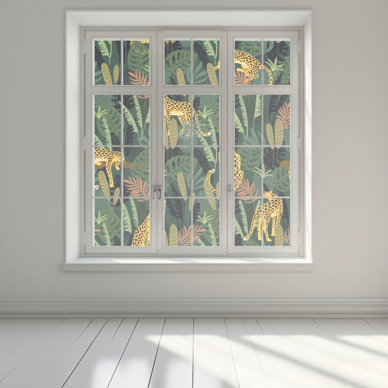 Naklejka na okno tropikalny wzór z lampartami – Wallissimo® Naklejka na okno tropikalny wzór z lampartami – Wallissimo®