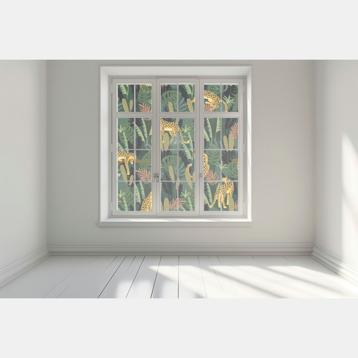 Naklejka na okno tropikalny wzór z lampartami – Wallissimo® Naklejka na okno tropikalny wzór z lampartami – Wallissimo®