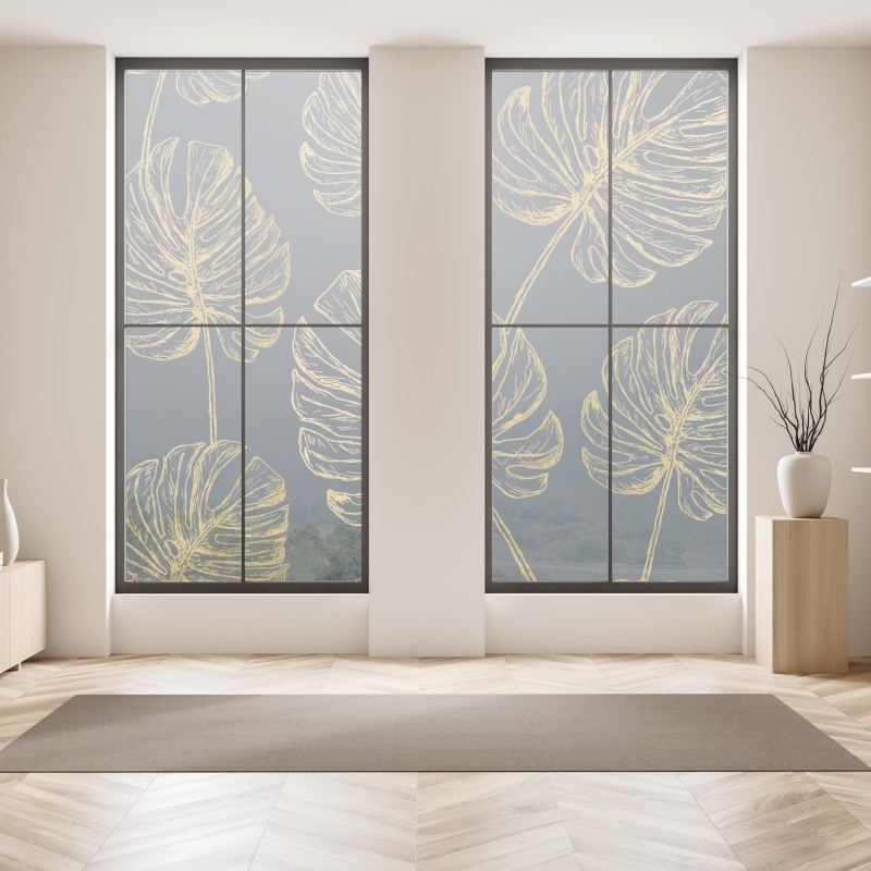 Naklejka na okno złote liście monstery na ciemnym tle – Wallissimo® Naklejka na okno złote liście monstery na ciemnym tle – Wallissimo®