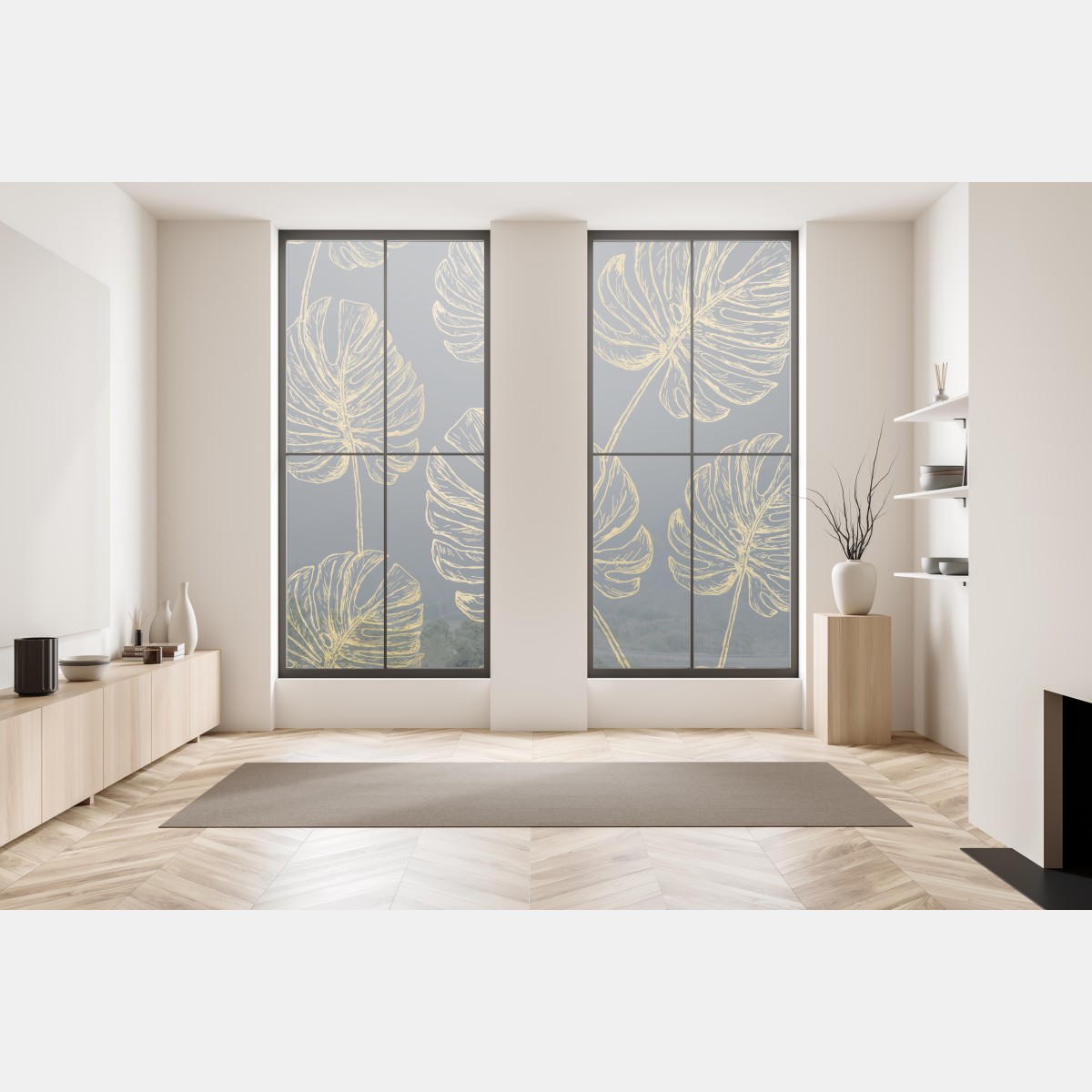 Naklejka na okno złote liście monstery na ciemnym tle – Wallissimo® Naklejka na okno złote liście monstery na ciemnym tle – Wallissimo®