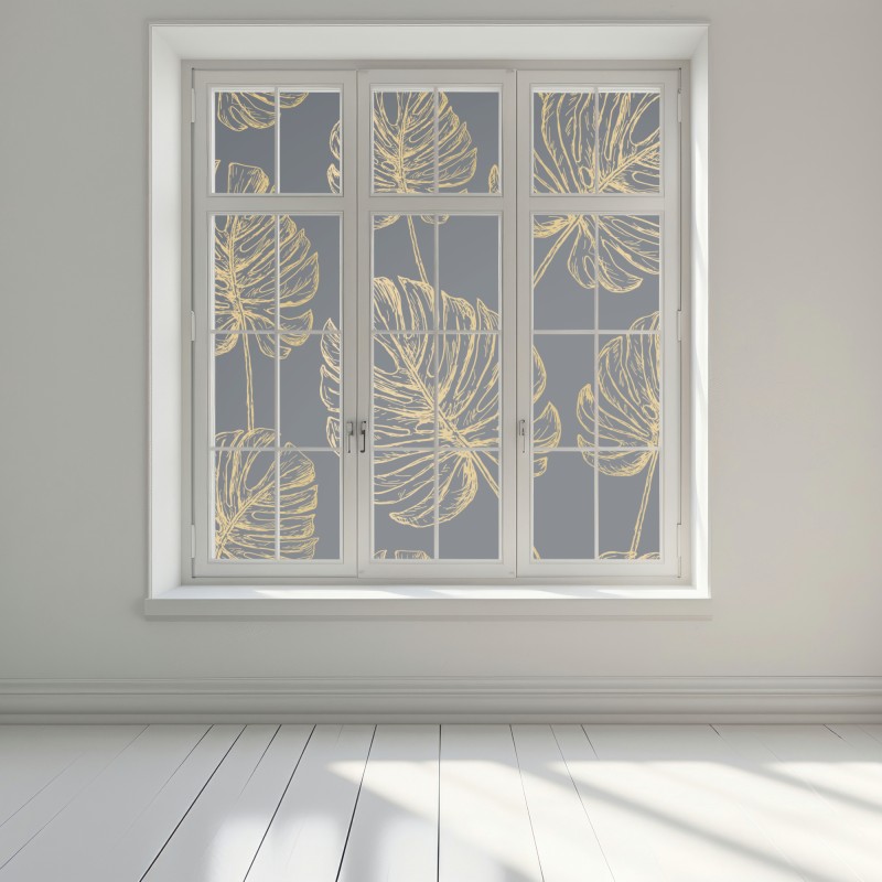 Naklejka na okno złote liście monstery na ciemnym tle – Wallissimo® Naklejka na okno złote liście monstery na ciemnym tle – Wallissimo®