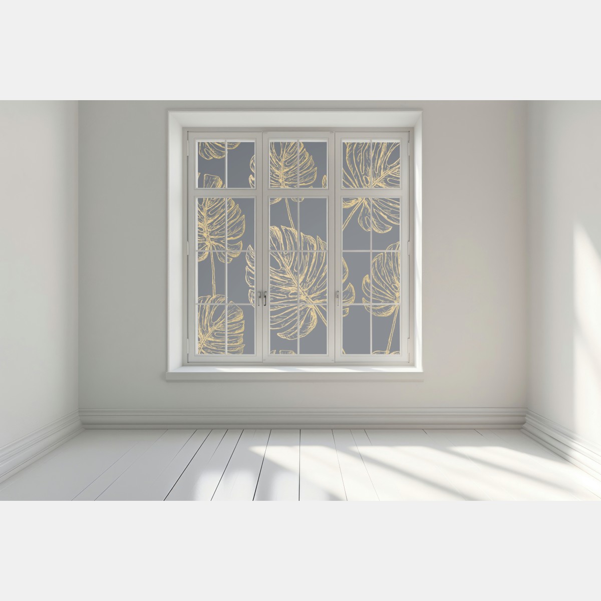 Naklejka na okno złote liście monstery na ciemnym tle – Wallissimo® Naklejka na okno złote liście monstery na ciemnym tle – Wallissimo®