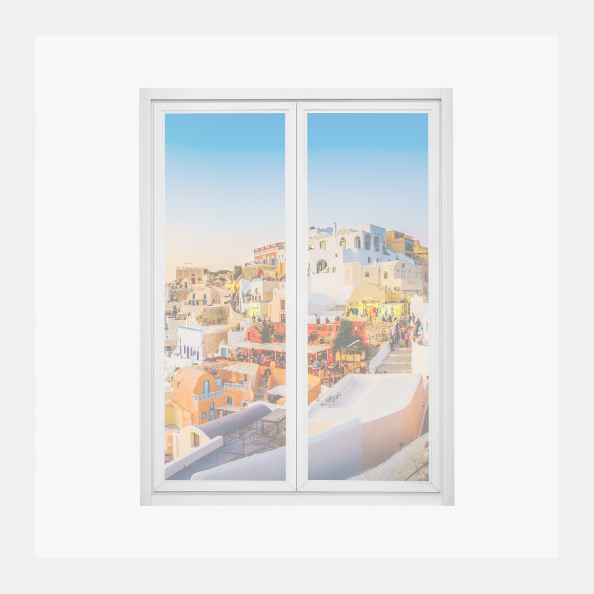 Window decal sunset over Santorini village panoramic view
