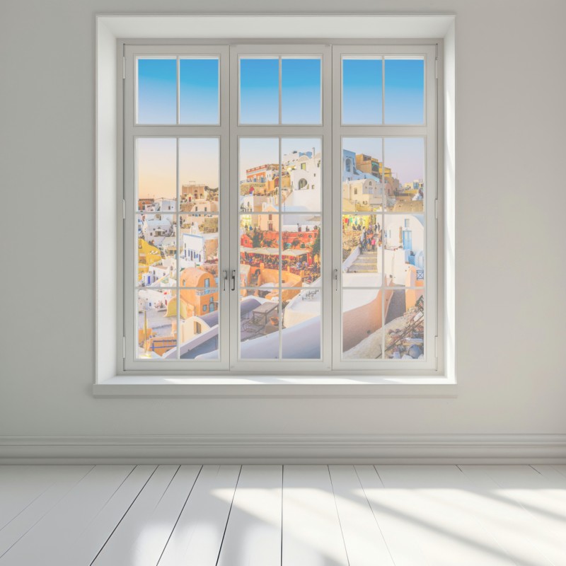 Naklejka na okno zachód słońca nad Santorini panoramiczny widok – Wallissimo® Naklejka na okno zachód słońca nad Santorini panoramiczny widok – Wallissimo®
