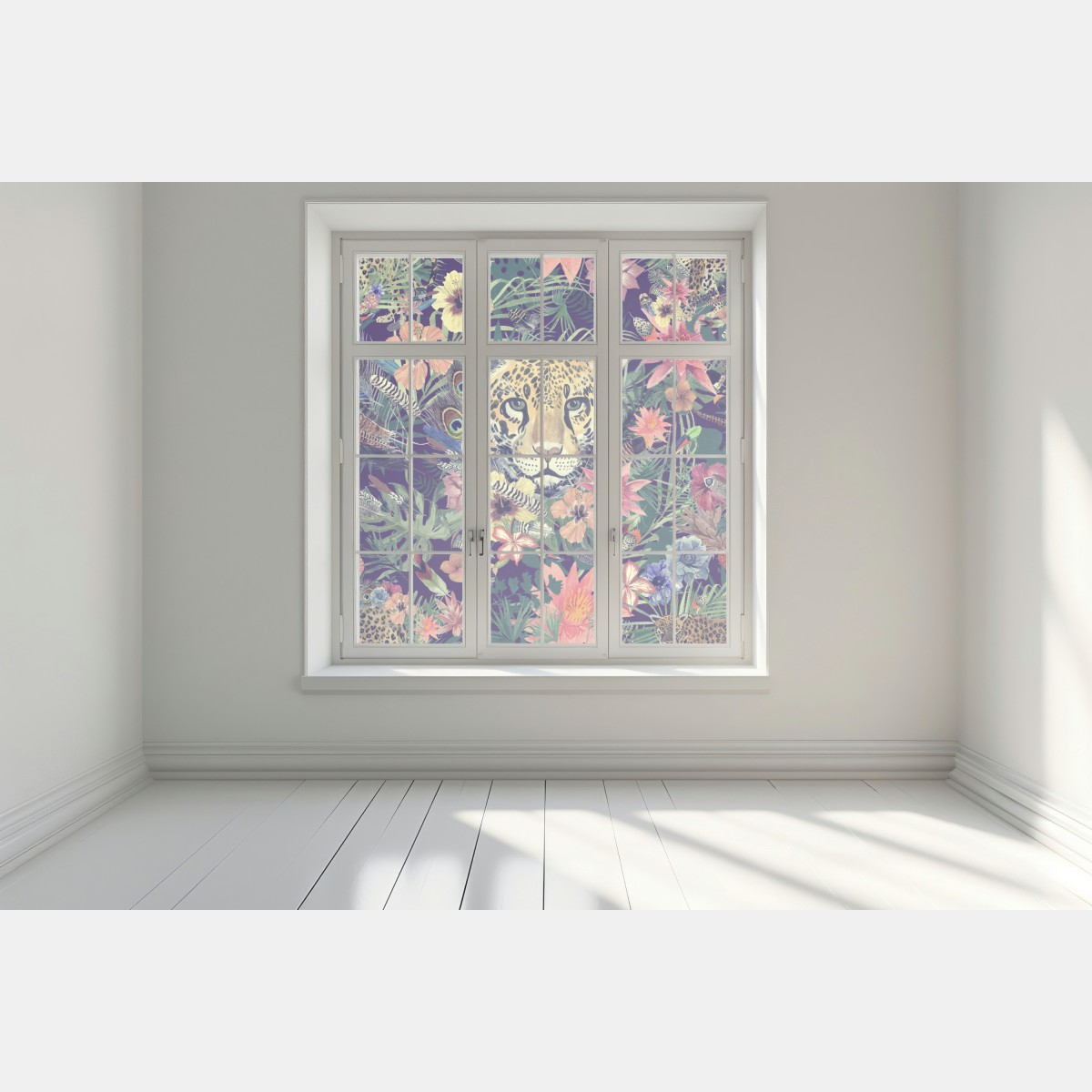 Naklejka na okno vintage akwarelowy lampart w tropikalnych liściach – Wallissimo® Naklejka na okno vintage akwarelowy lampart w tropikalnych liściach – Wallissimo®