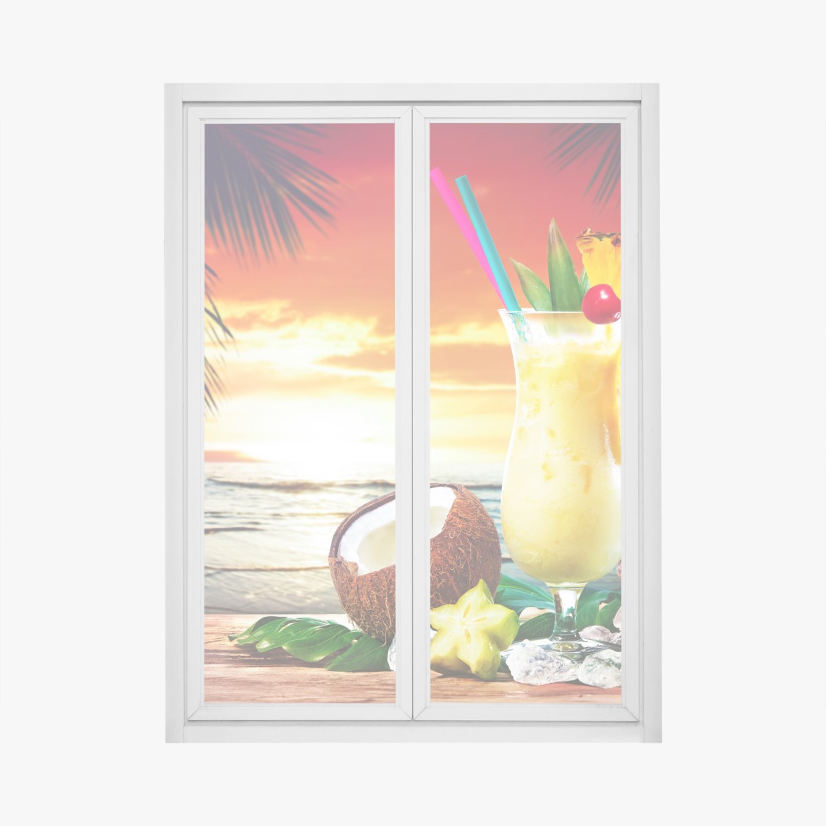 Window decal tropical pineapple and coconut sunset