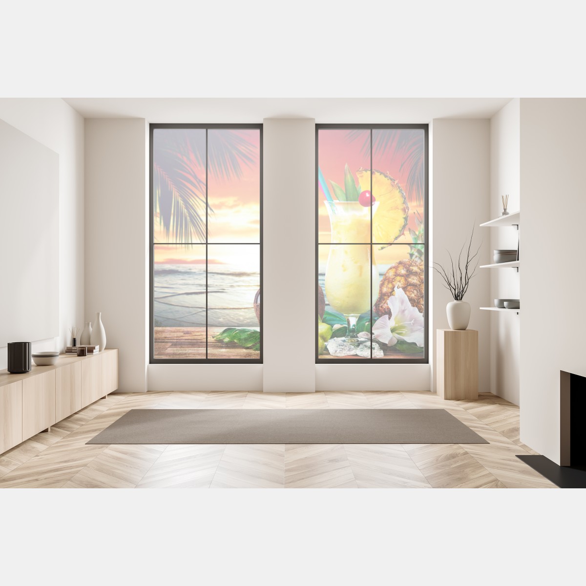 Naklejka na okno tropikalny zachód słońca na plaży z koktajlem – Wallissimo® Naklejka na okno tropikalny zachód słońca na plaży z koktajlem – Wallissimo®
