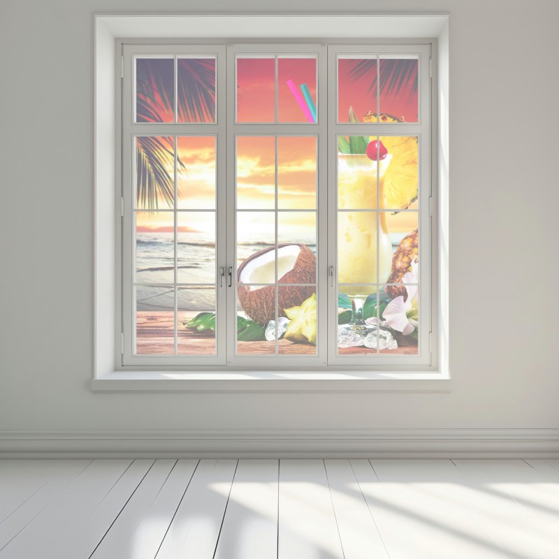 Naklejka na okno tropikalny zachód słońca na plaży z koktajlem – Wallissimo® Naklejka na okno tropikalny zachód słońca na plaży z koktajlem – Wallissimo®