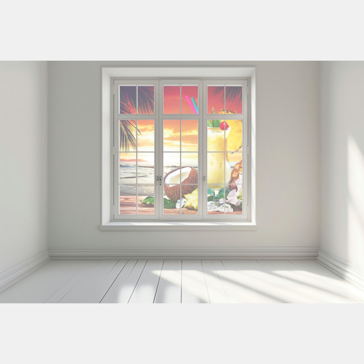 Naklejka na okno tropikalny zachód słońca na plaży z koktajlem – Wallissimo® Naklejka na okno tropikalny zachód słońca na plaży z koktajlem – Wallissimo®