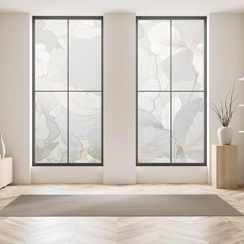 Naklejka na okno tropikalne fioletowe liście na żółtym tle – Wallissimo®