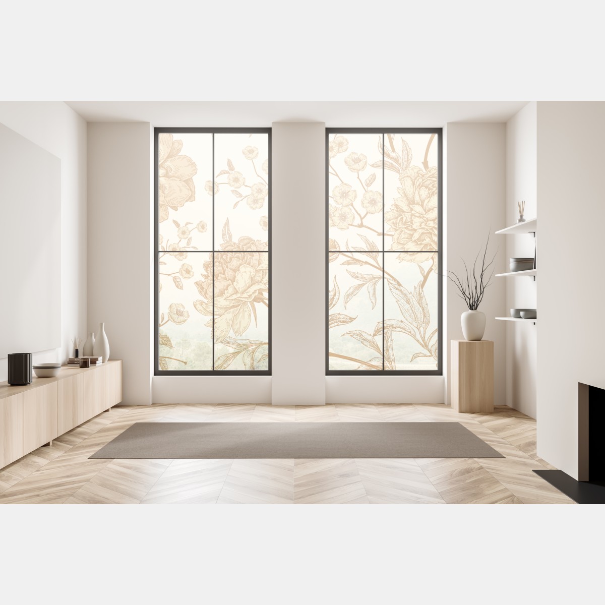 Naklejka na okno vintage beżowy wzór kwiatowy z peoniami – Wallissimo® Naklejka na okno vintage beżowy wzór kwiatowy z peoniami – Wallissimo®