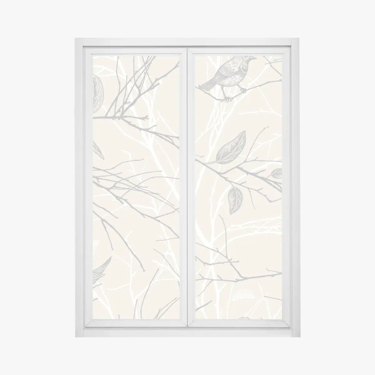 Naklejka na okno delikatny beżowy wzór z ptakami i gałęziami – Wallissimo® Naklejka na okno delikatny beżowy wzór z ptakami i gałęziami – Wallissimo®