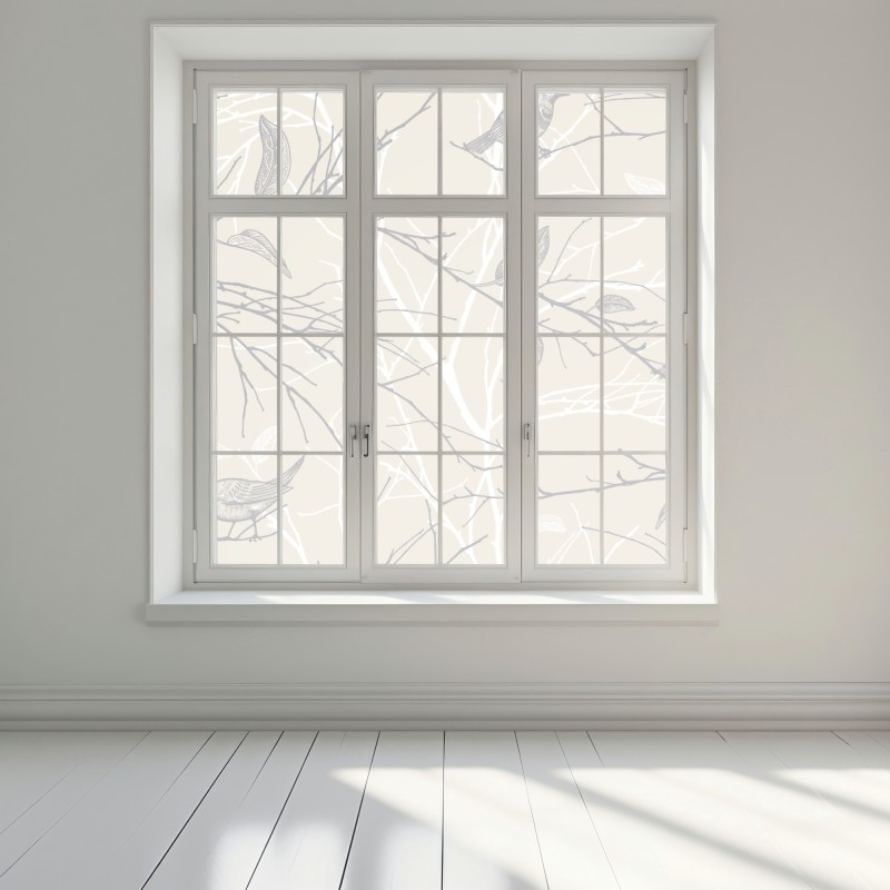 Naklejka na okno delikatny beżowy wzór z ptakami i gałęziami – Wallissimo® Naklejka na okno delikatny beżowy wzór z ptakami i gałęziami – Wallissimo®