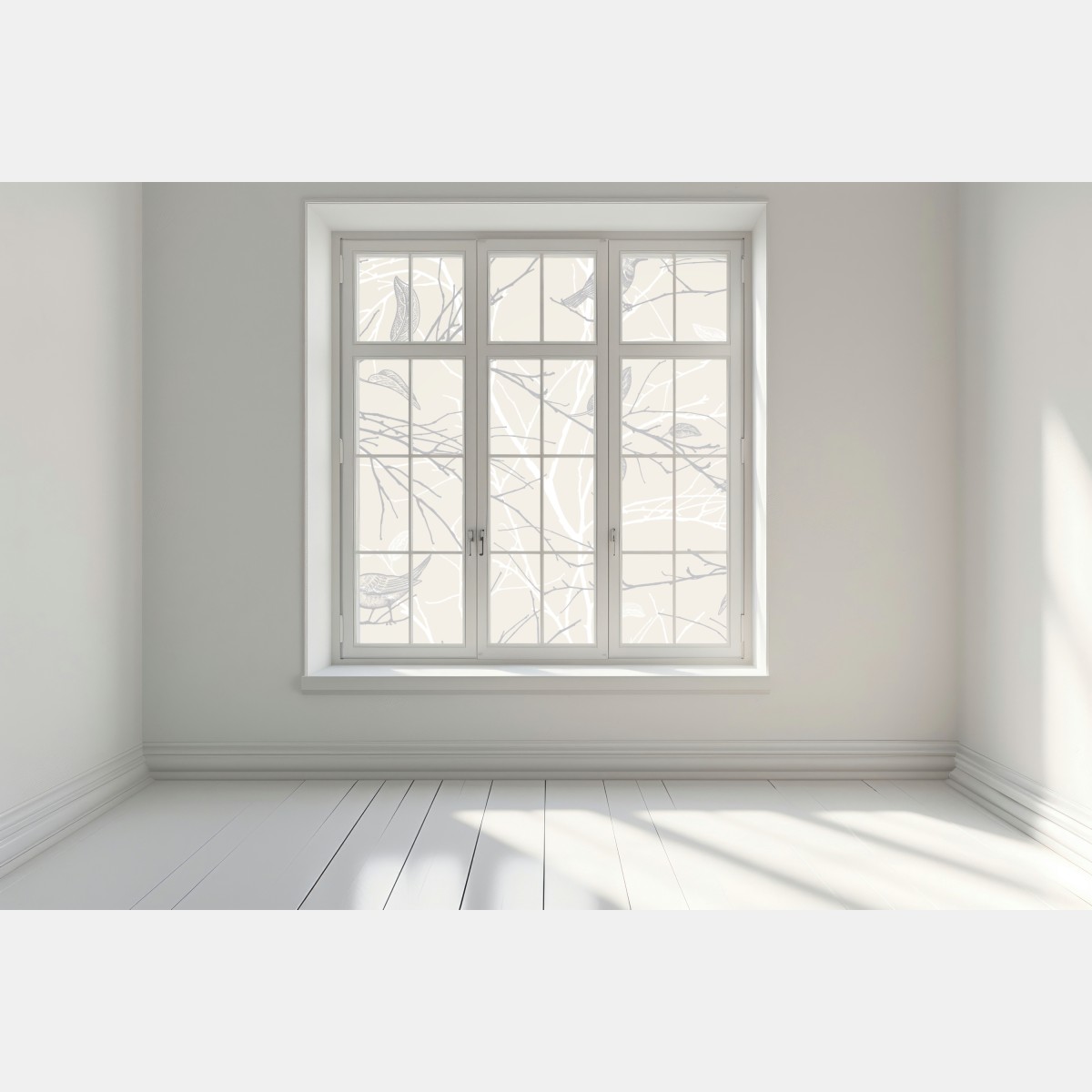 Naklejka na okno delikatny beżowy wzór z ptakami i gałęziami – Wallissimo® Naklejka na okno delikatny beżowy wzór z ptakami i gałęziami – Wallissimo®