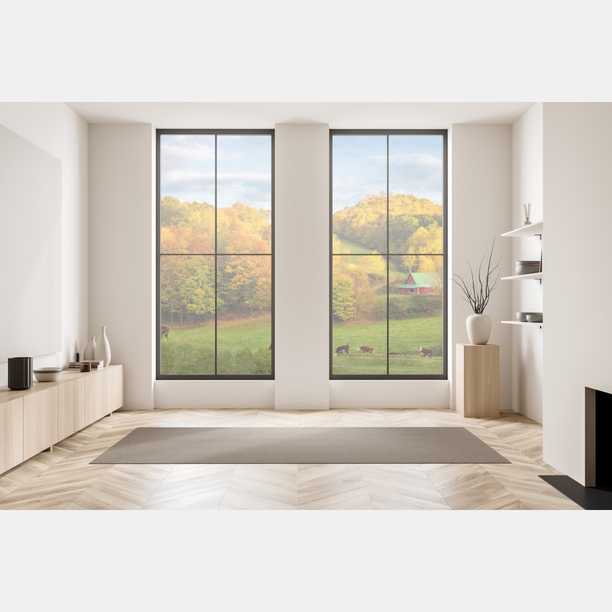 Naklejka na okno jesienny krajobraz wiejski z czerwoną stodołą – Wallissimo® Naklejka na okno jesienny krajobraz wiejski z czerwoną stodołą – Wallissimo®