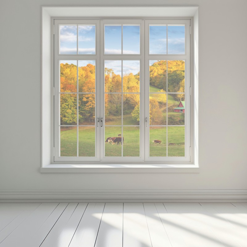 Naklejka na okno jesienny krajobraz wiejski z czerwoną stodołą – Wallissimo® Naklejka na okno jesienny krajobraz wiejski z czerwoną stodołą – Wallissimo®