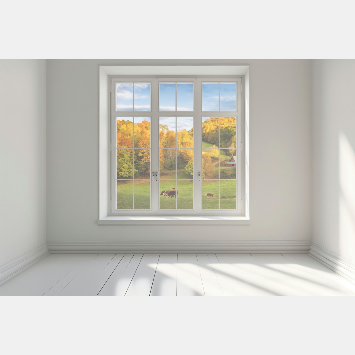 Naklejka na okno jesienny krajobraz wiejski z czerwoną stodołą – Wallissimo® Naklejka na okno jesienny krajobraz wiejski z czerwoną stodołą – Wallissimo®