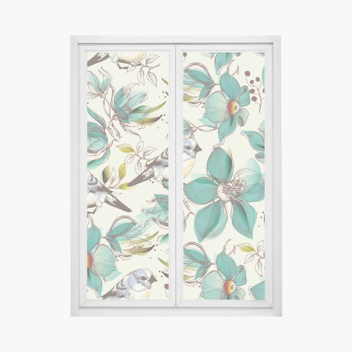 Window decal retro teal floral and bird pattern