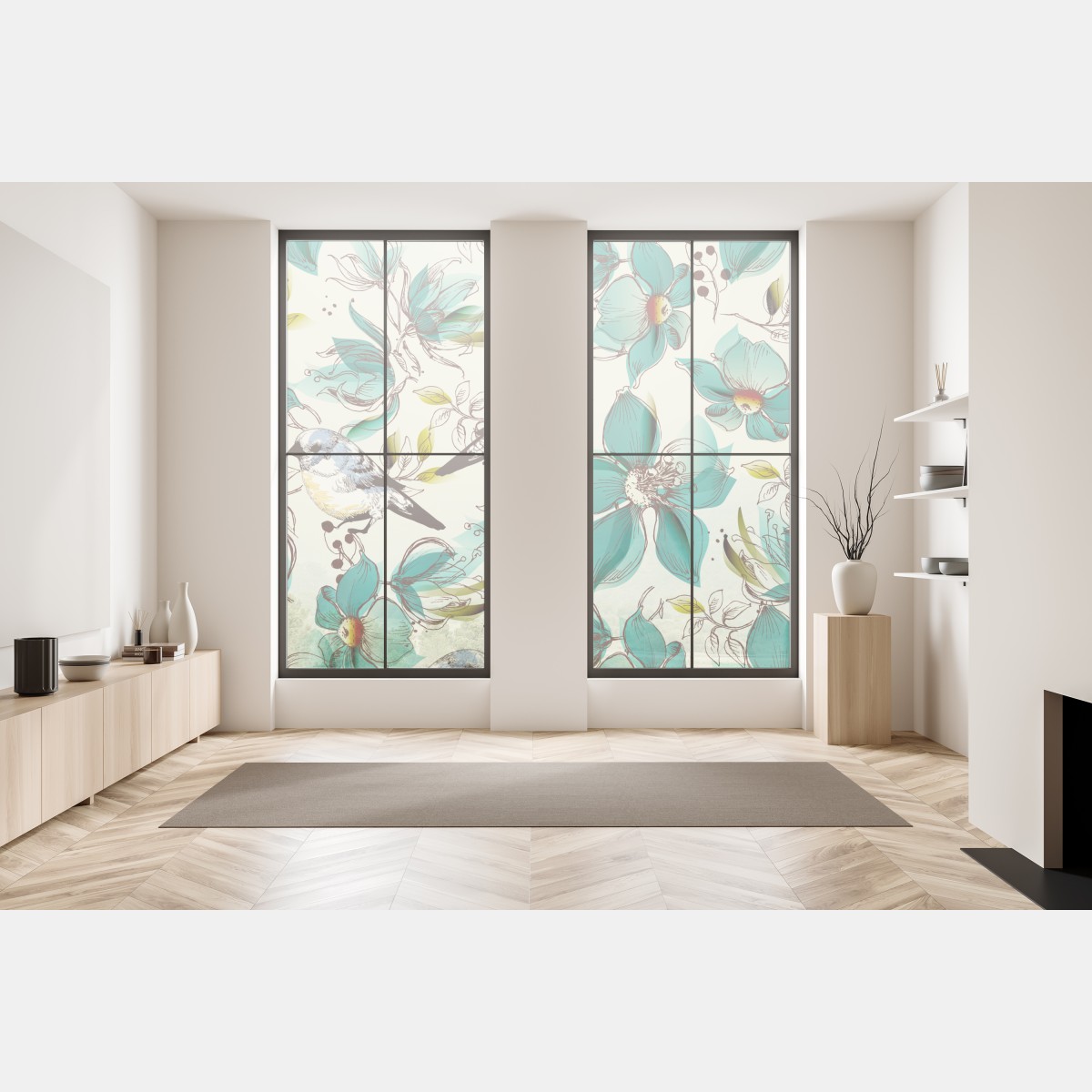 Naklejka na okno retro miętowy wzór kwiatów i ptaków – Wallissimo® Naklejka na okno retro miętowy wzór kwiatów i ptaków – Wallissimo®