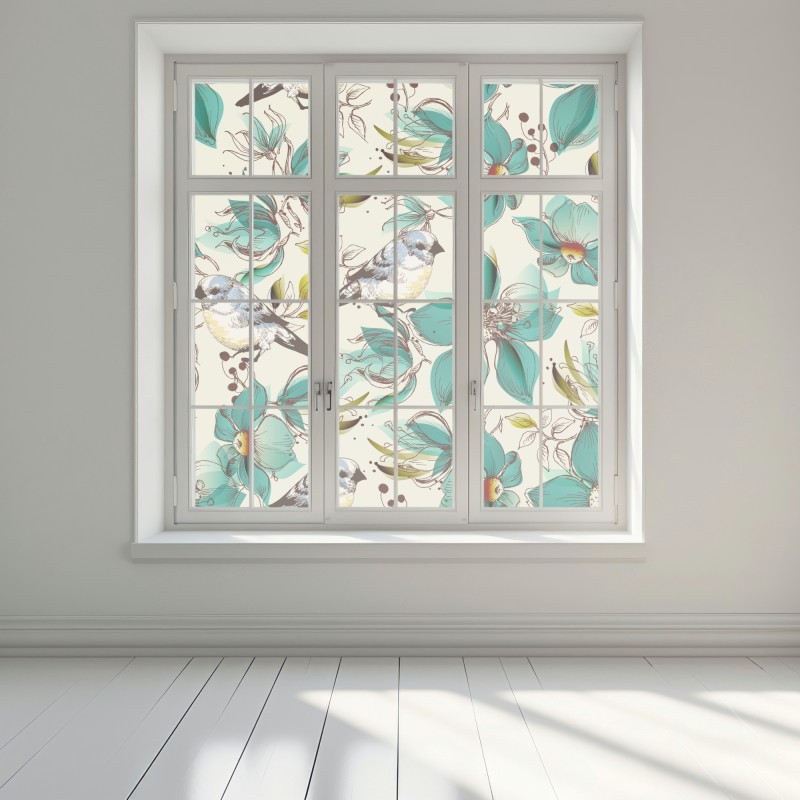 Naklejka na okno retro miętowy wzór kwiatów i ptaków – Wallissimo® Naklejka na okno retro miętowy wzór kwiatów i ptaków – Wallissimo®