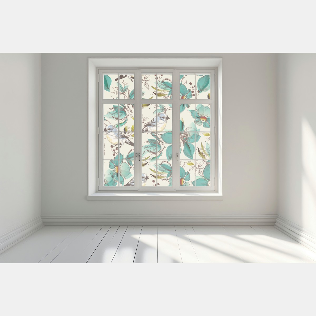 Naklejka na okno retro miętowy wzór kwiatów i ptaków – Wallissimo® Naklejka na okno retro miętowy wzór kwiatów i ptaków – Wallissimo®