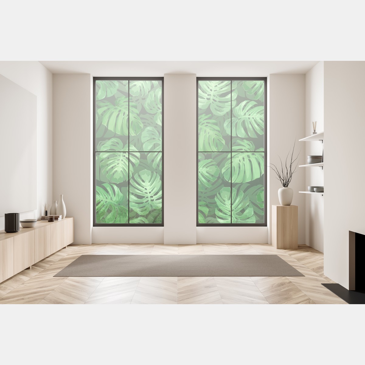 Naklejka na okno tropikalny wzór z liśćmi monstery – Wallissimo® Naklejka na okno tropikalny wzór z liśćmi monstery – Wallissimo®