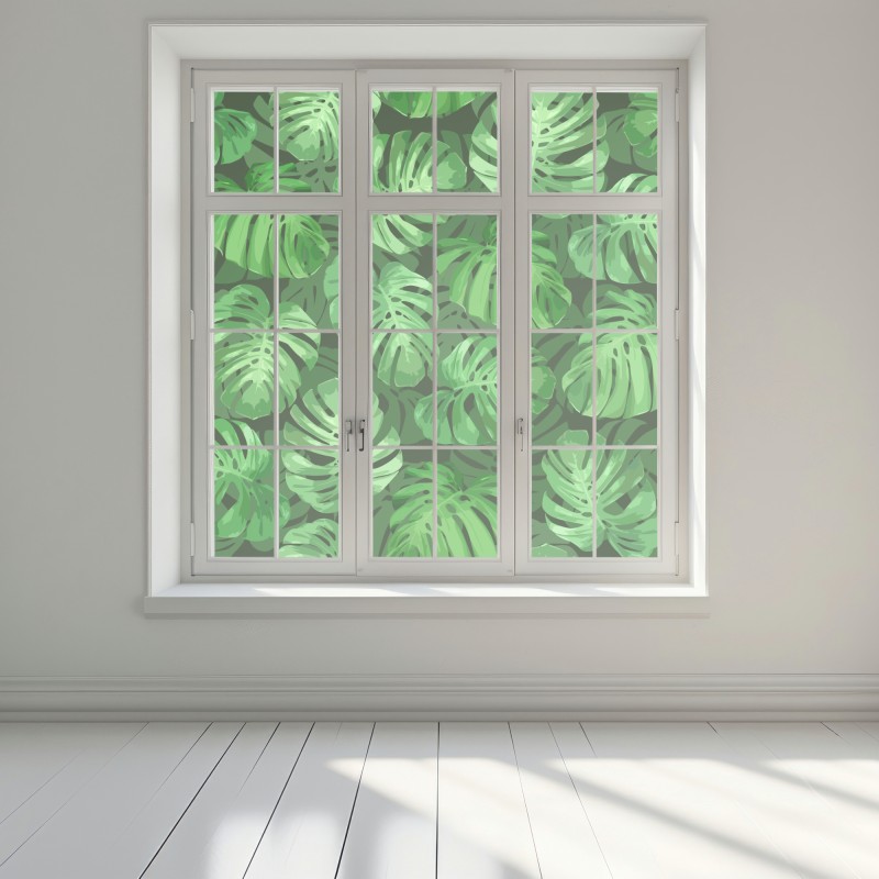 Naklejka na okno tropikalny wzór z liśćmi monstery – Wallissimo® Naklejka na okno tropikalny wzór z liśćmi monstery – Wallissimo®