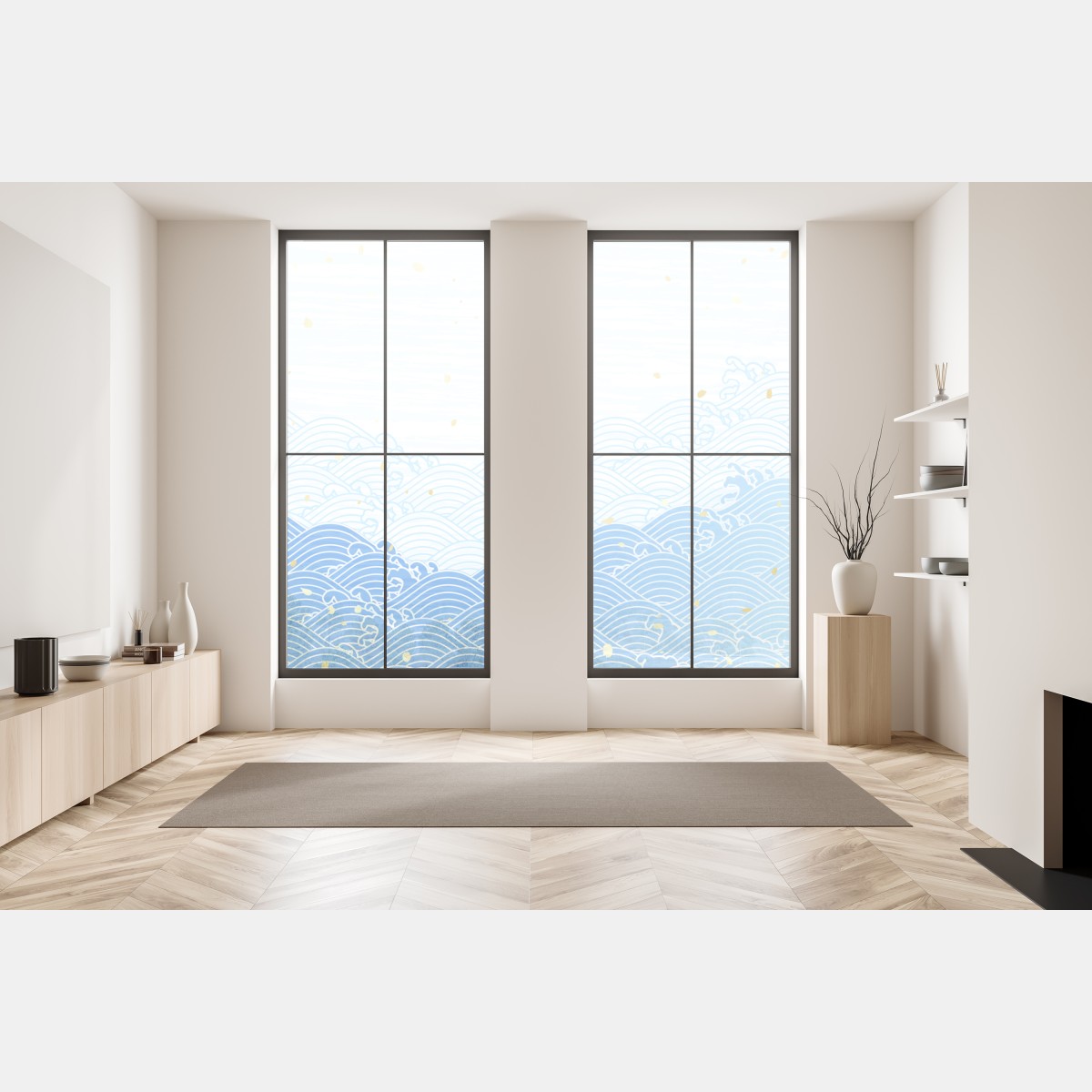 Naklejka na okno spokojne niebieskie fale ze złotymi akcentami – Wallissimo® Naklejka na okno spokojne niebieskie fale ze złotymi akcentami – Wallissimo®