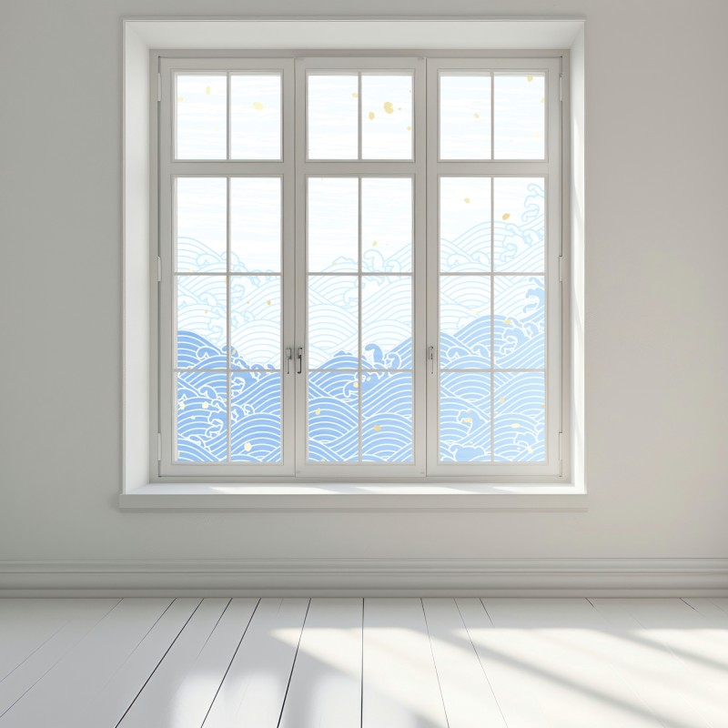 Naklejka na okno spokojne niebieskie fale ze złotymi akcentami – Wallissimo® Naklejka na okno spokojne niebieskie fale ze złotymi akcentami – Wallissimo®