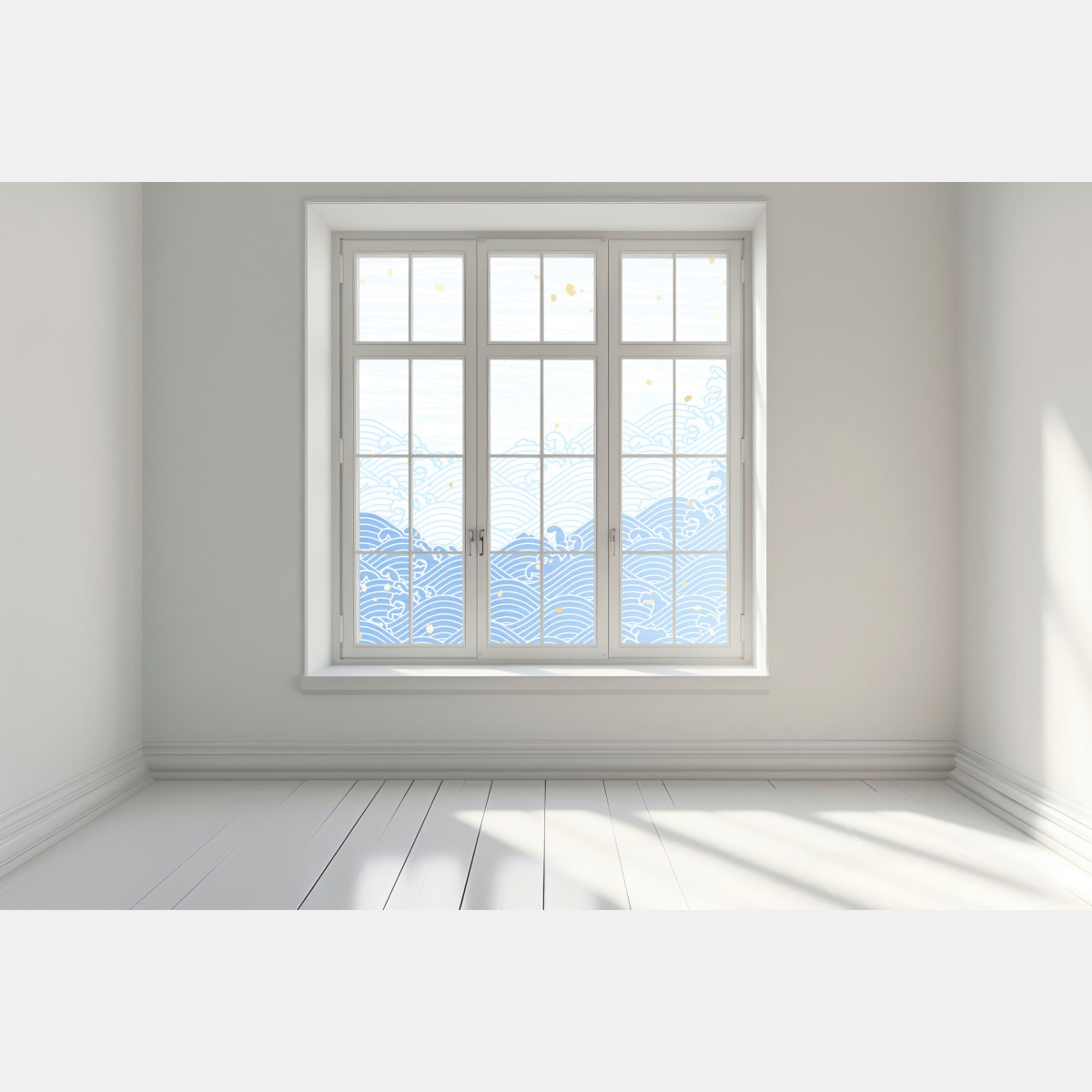 Naklejka na okno spokojne niebieskie fale ze złotymi akcentami – Wallissimo® Naklejka na okno spokojne niebieskie fale ze złotymi akcentami – Wallissimo®