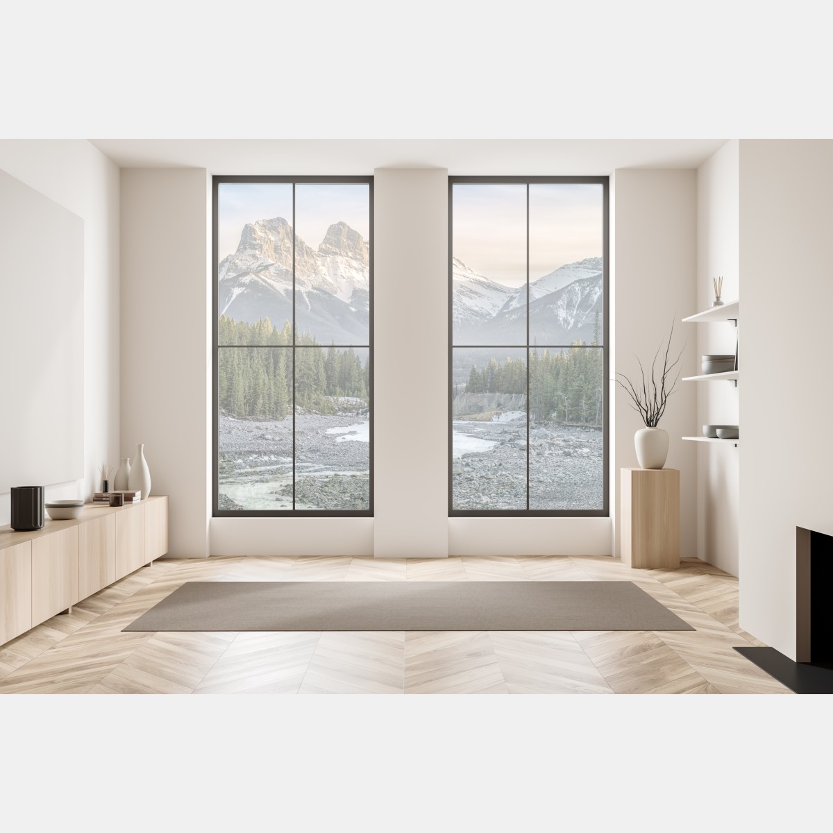 Naklejka na okno majestatyczne górskie szczyty i sosnowy las – Wallissimo® Naklejka na okno majestatyczne górskie szczyty i sosnowy las – Wallissimo®