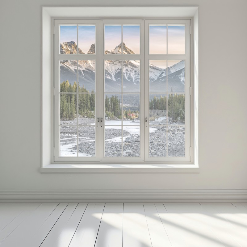 Naklejka na okno majestatyczne górskie szczyty i sosnowy las – Wallissimo® Naklejka na okno majestatyczne górskie szczyty i sosnowy las – Wallissimo®
