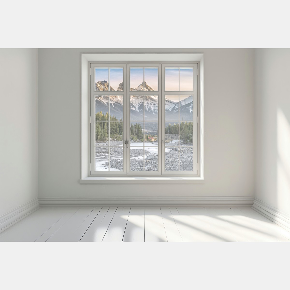 Naklejka na okno majestatyczne górskie szczyty i sosnowy las – Wallissimo® Naklejka na okno majestatyczne górskie szczyty i sosnowy las – Wallissimo®