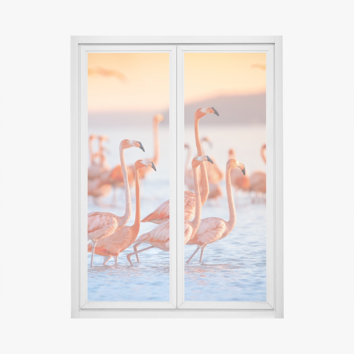 Window decal pink flamingos at sunset