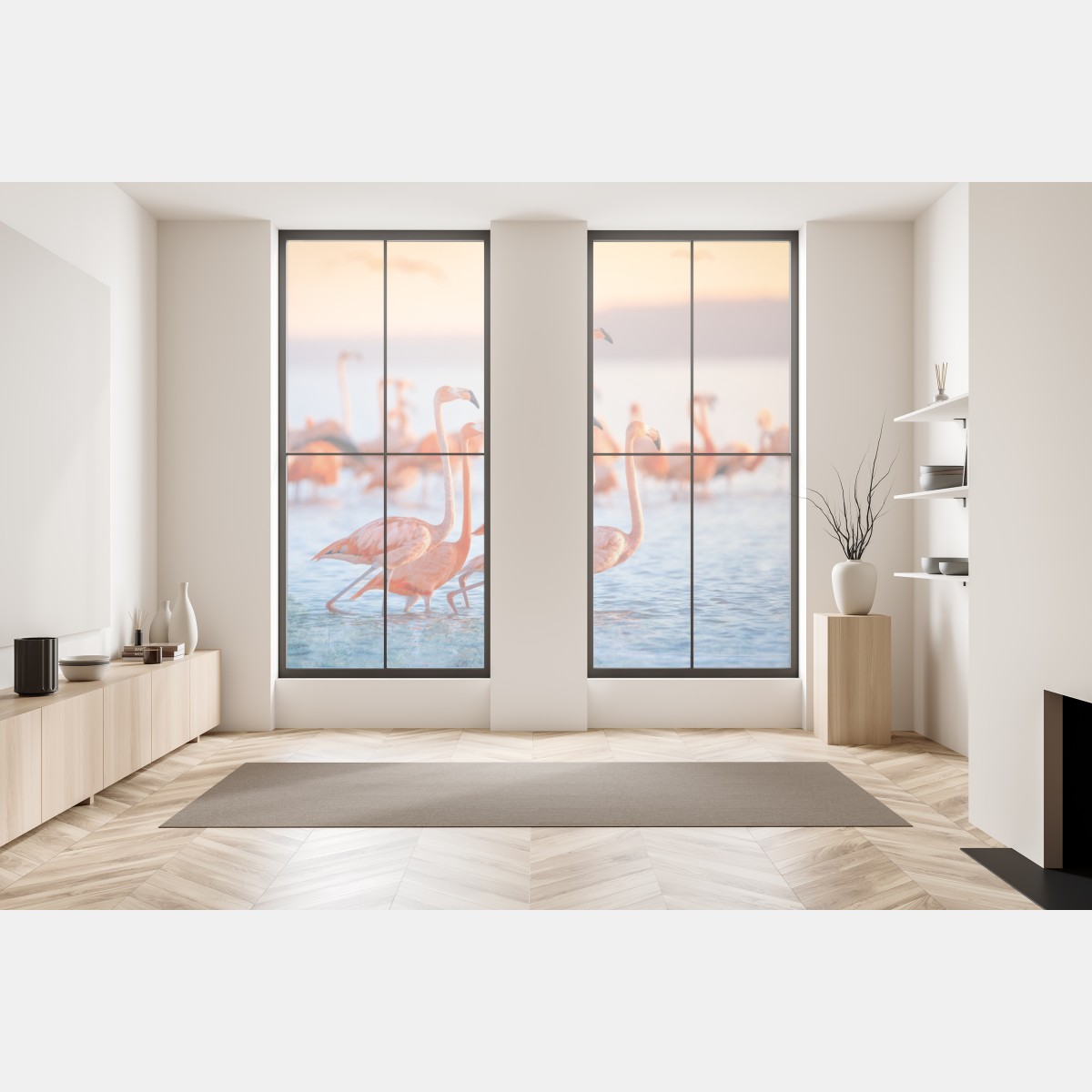 Naklejka na okno różowe flamingi o zachodzie słońca – Wallissimo® Naklejka na okno różowe flamingi o zachodzie słońca – Wallissimo®