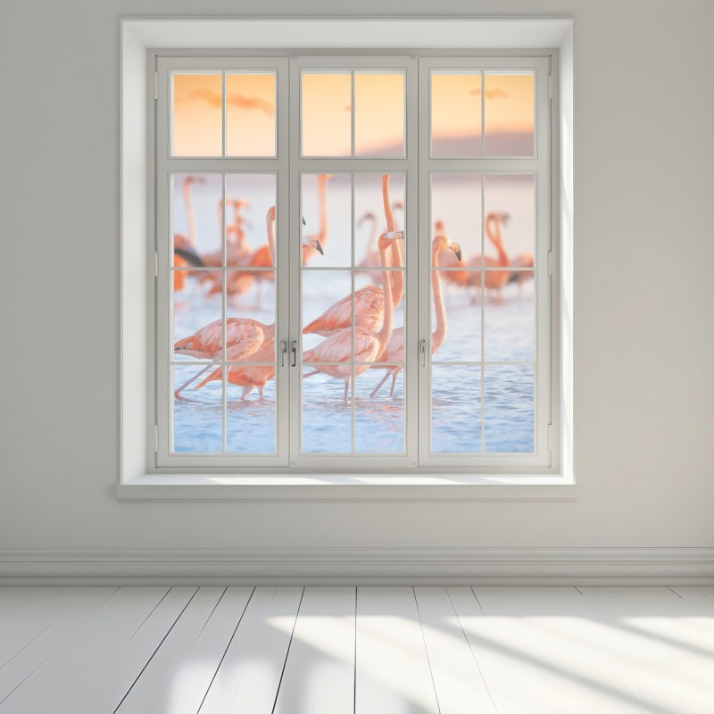 Naklejka na okno różowe flamingi o zachodzie słońca – Wallissimo® Naklejka na okno różowe flamingi o zachodzie słońca – Wallissimo®