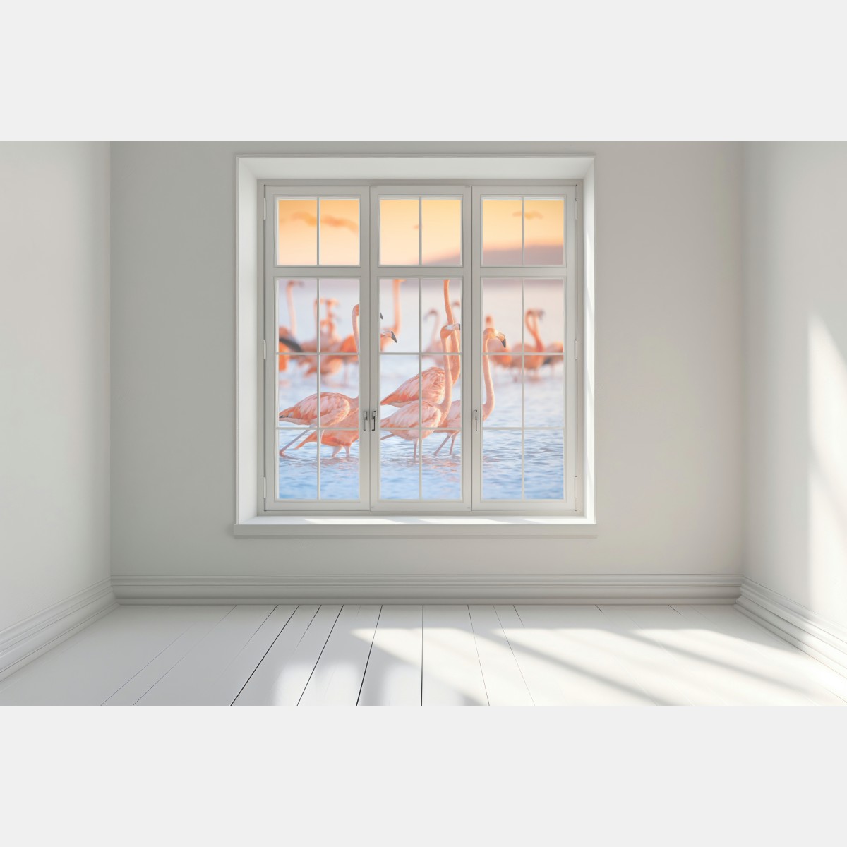 Naklejka na okno różowe flamingi o zachodzie słońca – Wallissimo® Naklejka na okno różowe flamingi o zachodzie słońca – Wallissimo®