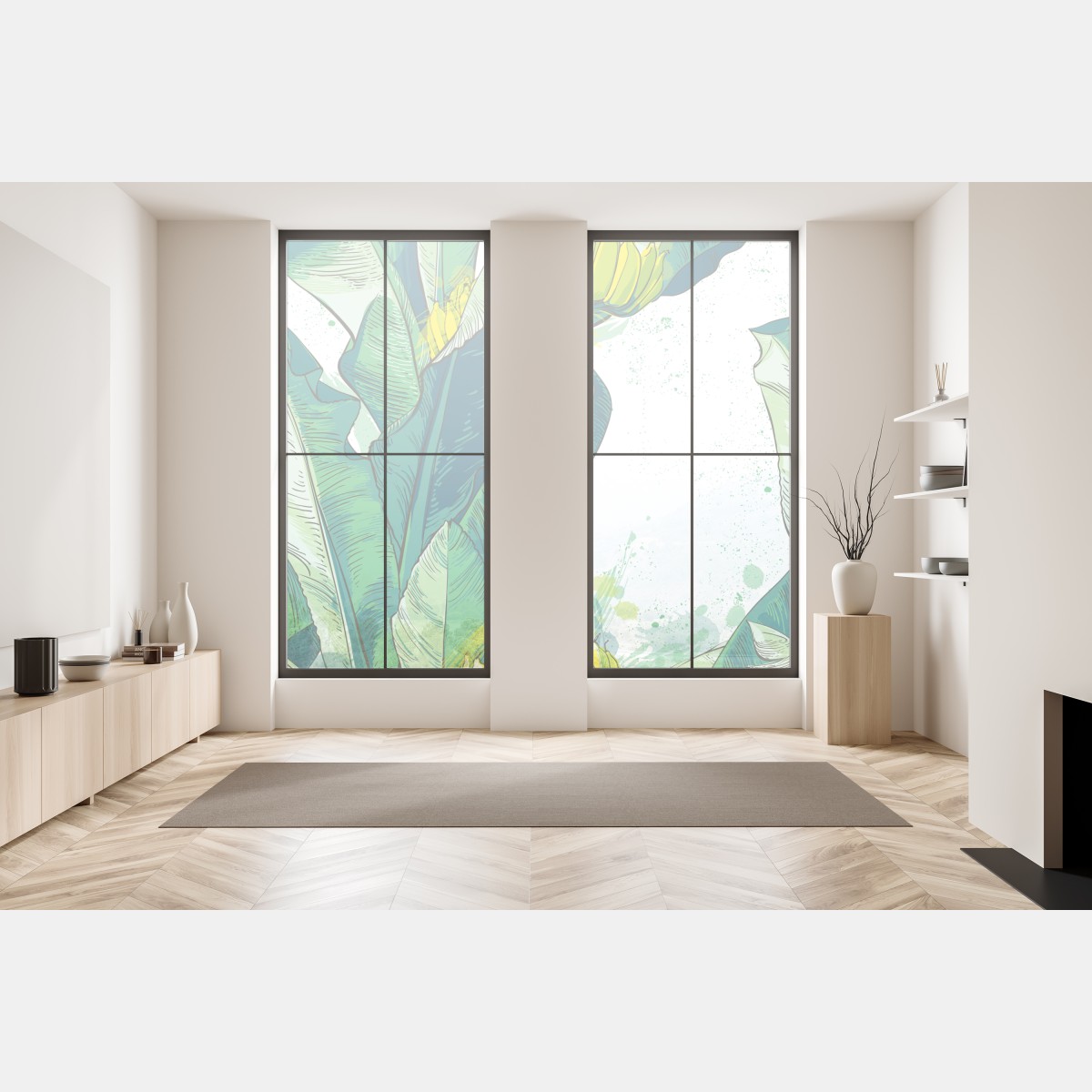 Naklejka na okno tropikalna ilustracja liści bananowca – Wallissimo® Naklejka na okno tropikalna ilustracja liści bananowca – Wallissimo®